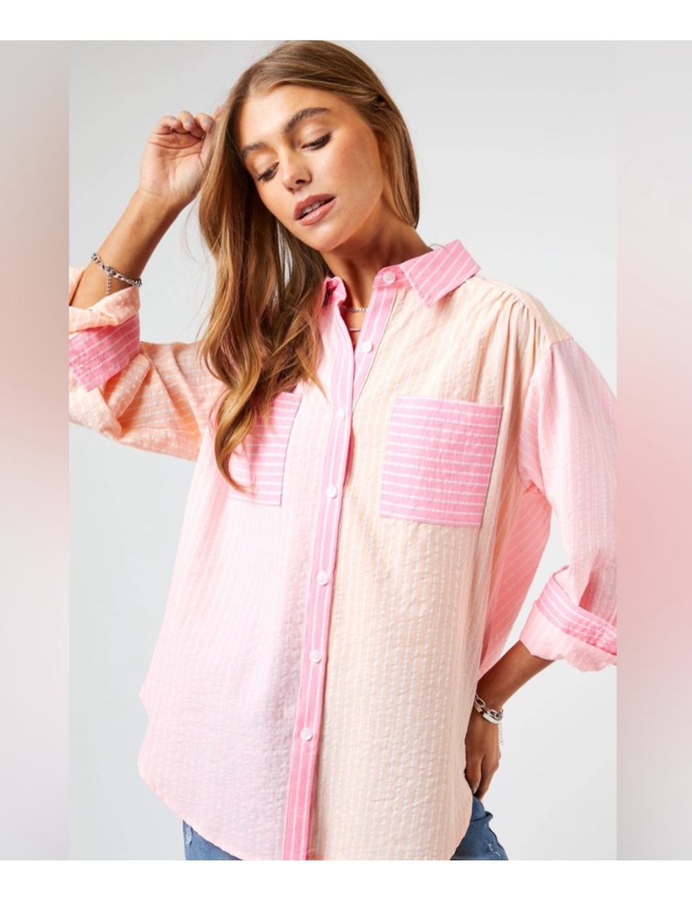 Davi & Dani Light Pink & Peach Button-Up Patch Pocket Shirt